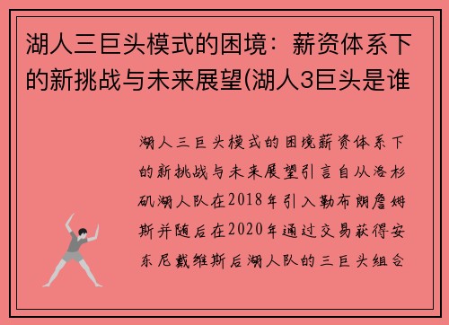 湖人三巨头模式的困境：薪资体系下的新挑战与未来展望(湖人3巨头是谁)